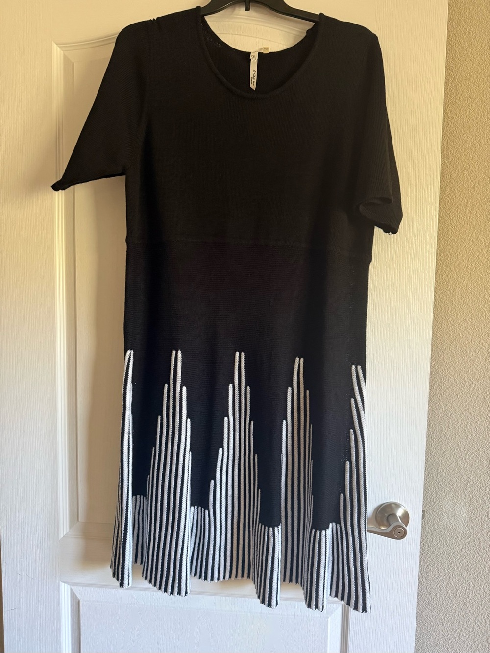 Black Midi Knit Dress with White Vertical Hem Detail